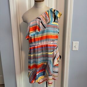 NEW Lovers + Friends XL Pippa Dress in Aruba Stripe One Shoulder Mini Rainbow
